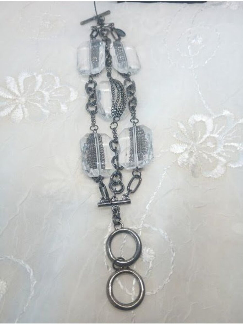 Cookie Lee Set Clear Acrylic Beads Necklace, Earrings, Bracelet & Ring ~Gunmetal - Picture 7 of 11